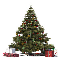 3d rendering of a decorated christmas tree with gifts under the xmas tree isolated on transparent background