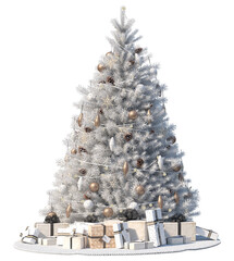 3d rendering of decorated faux silver christmas tree with gifts under xmas tree isolated on...
