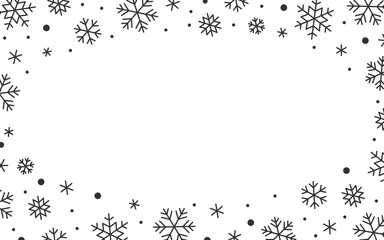 Snowflake icy line border. Snowy frame with copy space, falling frosty snow flakes on white. Winter confetti background for Xmas card banner flyer, party event invitation, gift certificate coupon