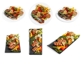 Set with tasty grilled salmon on white background