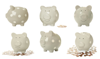 Set with piggy banks on white background. Banner design