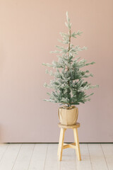 Small christmas tree sitting on top of stool in a minimal room