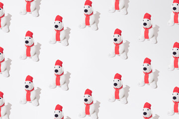 Plush polar bear pattern. White background. Copy space.