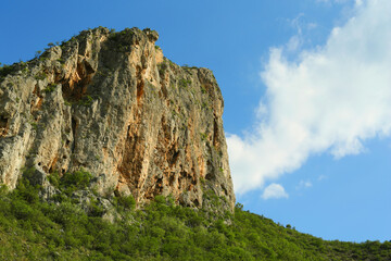 Picturesque landscape with high mountains under blue sky outdoors