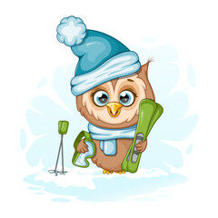 Fototapeta premium Cartoon cute owl with skis