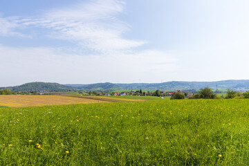 Green field with farm fields in the background in the German countryside