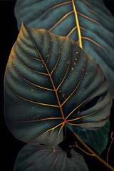 Fototapeta premium Green leaf design with gold lines on a black background