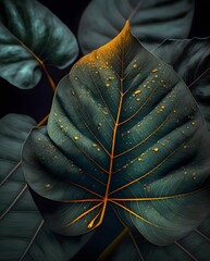 Fototapeta premium Green leaf design with gold lines on a black background