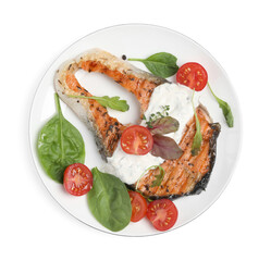 Tasty salmon steak with basil and tomatoes on white background, top view