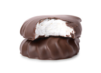 Delicious chocolate covered marshmallows isolated on white