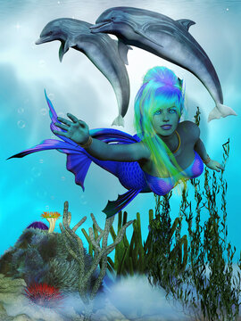 Lorelei the Mermaid - A colorful mermaid swims over a reef along with Bottlenose Dolphins.