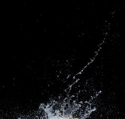 Shape form droplet of Water splashes into drop water attack fluttering in air and stop motion freeze shot. Splash Water for texture graphic resource elements, black background isolated