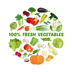 Vector hand drawn vegetables collection, 100% fresh vegetables text. Label for bio product only. Banner, poster with organic food