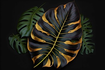Fototapeta premium Illustration of a black and gold tree leaf isolated on a black background