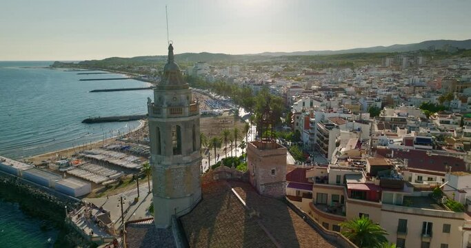 Aerial view of the coastal city of Sitges seen during the day