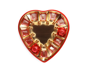 Partially empty box of chocolate candies isolated on white, top view