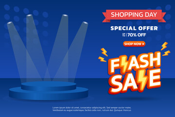 Flash Sale! Shopping day. Special offer Mega sale 70% off with realistic podium. Banner background vector illustration
