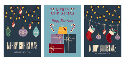A set of Christmas and New Year greeting cards. Winter card with Christmas tree balls and presents. Greeting card with garlands. Merry Christmas and Happy New Year!
