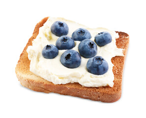 Tasty sandwich with cream cheese and blueberries isolated on white