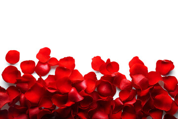 Beautiful red rose flower petals on white background, top view