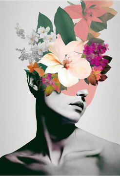 Beautiful vertical grayscale illustration of a female body with flower stickers on the face