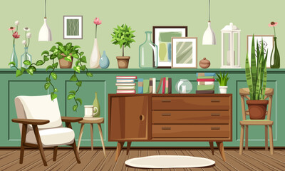 Room interior with green wall panels, an armchair, a dresser, and plenty of houseplants, vases, and pictures. Vintage interior design. Cartoon vector illustration