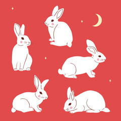 Cute rabbit set. Chinese New Year character hand drawn collection. Vector illustration