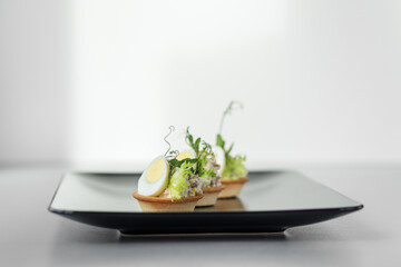 Exquisite appetizers from chef. Close-up of tartlet with quail egg, cheese and chicken