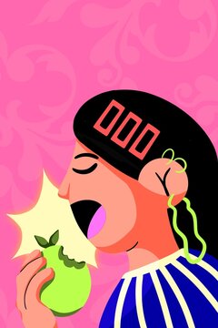 Woman with black hair and lots of earrings takes a bite out of a green apple