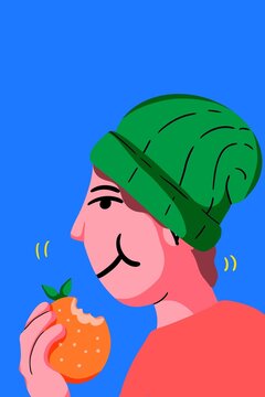 Young short-haired woman in a beanie in profile eats a healthy fruit