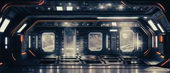 Obraz premium Artistic concept painting of a futuristic space station interior, background illustration.