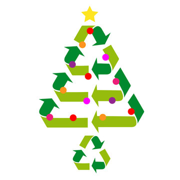 Christmas tree with green recycling signs, simple, modern design for eco-friendly cards, tags, labels, illustration over a transparent background, PNG image
