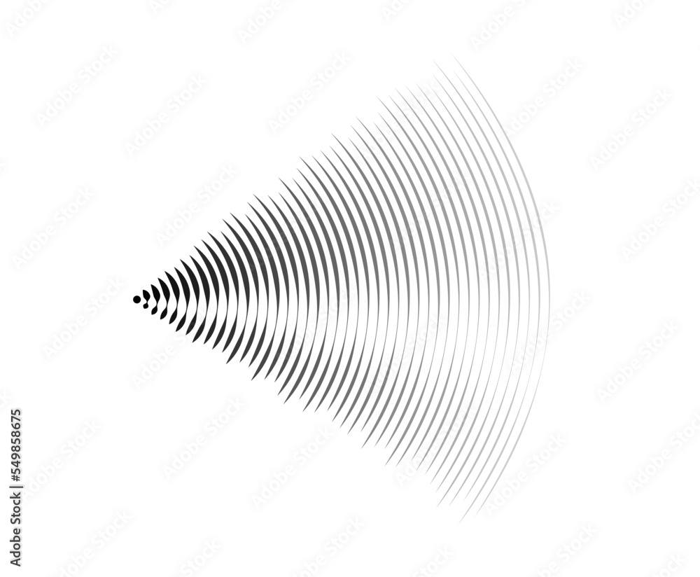 Poster Sound wave signal. Radio or music audio concept. Epicentre or radar icon. Radial signal or vibration elements. Impulse curve lines. Concentric ripple semi circles. 