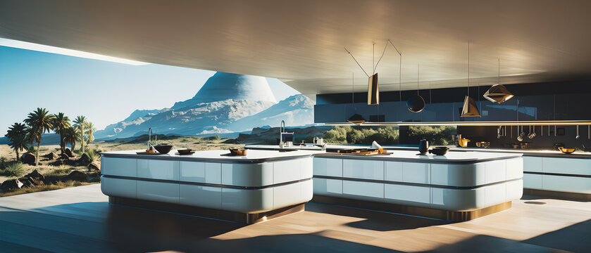 Artistic concept painting of a beautiful futuristic kitchen interior, background illustration.
