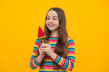 Teenage girl with lollipop, child eating sugar lollipops, kids sweets candy shop.