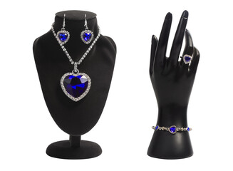 Luxurious sparkling jewelry set - "Heart of the ocean": pendant, eaarings, bracelet and ring. Fashion jewelry, isolated.