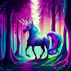 Unicorn in a magical forest