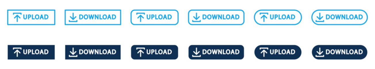 Conjunto de iconos de botón azul de cargar y descargar. Subir archivo, descargar archivo. Ilustración vectorial