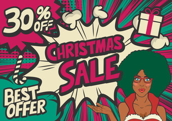 30%off Winter sale typography pop art background, an explosion in comic book style. Sexy woman in glasses with a Santa clause costume.