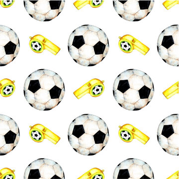 Watercolor illustration of a pattern of a soccer ball and referee's whistle. Sports symbol. Soccer World Cup. Game, match, competition. Isolated on white background. Drawn by hand.