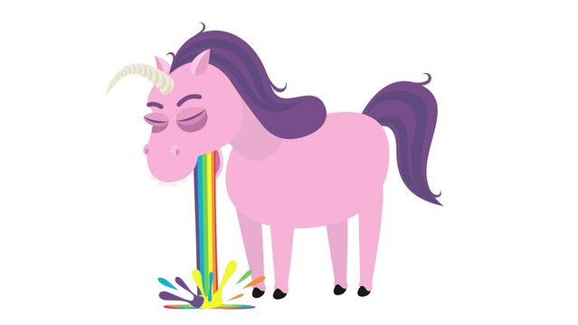 A puking unicorn. White background. Rainbow.