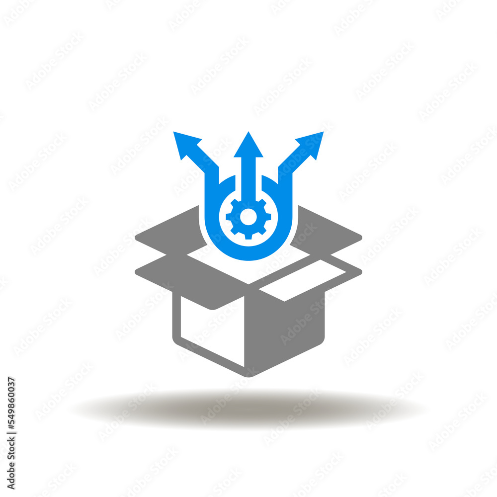 Poster vector illustration of open packaging box with gear and arrows. icon of project management, developm