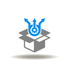 Vector illustration of open packaging box with gear and arrows. Icon of project management, development. Symbol of start up.