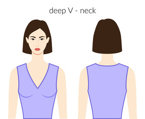 Deep V - neckline clothes character beautiful lady in lavanda top, shirt, dress technical fashion illustration with fitted body. Flat apparel template front, back sides. Women, men unisex CAD mockup