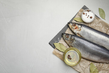 Slate plate with salted herrings, oil and spices on grey table, top view. Space for text