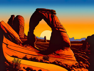 A limited color palette, retro-wave style, illustration of Delicate Arch in Arches National Park in Southern Utah.