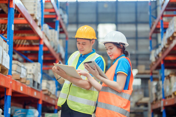 Asian engineer in helmets order and checking goods and supplies on shelves with goods background in...