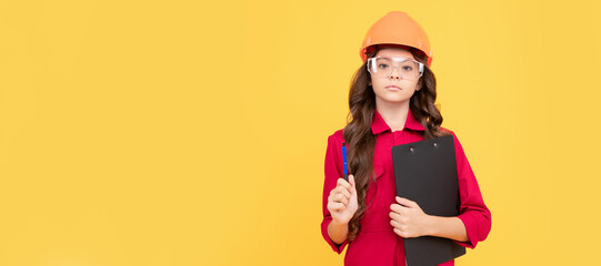 time to work. study at school. sight check. teen girl in protective glasses. child wear eyeglasses. Child builder in helmet horizontal poster design. Banner header, copy space.