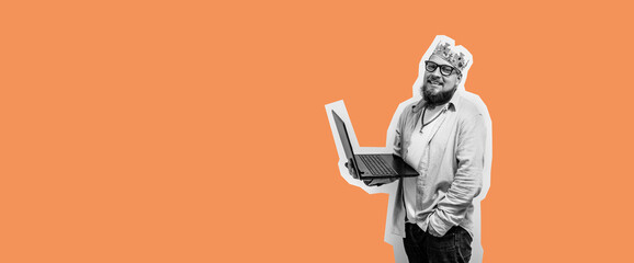 Young crazy bearded charismatic man. Shocked or surprised expression. Laptop concept. Funny...