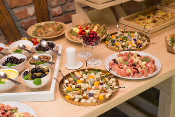 Gourmet food, snacks and finger food appetizers from different cuisines
